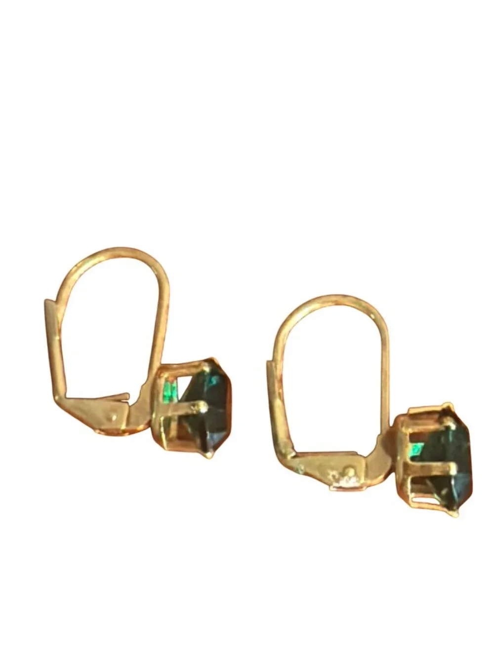 Vintage Gold Tone Green Cut Crystal Leverback Earrings Drop Prong Set 75